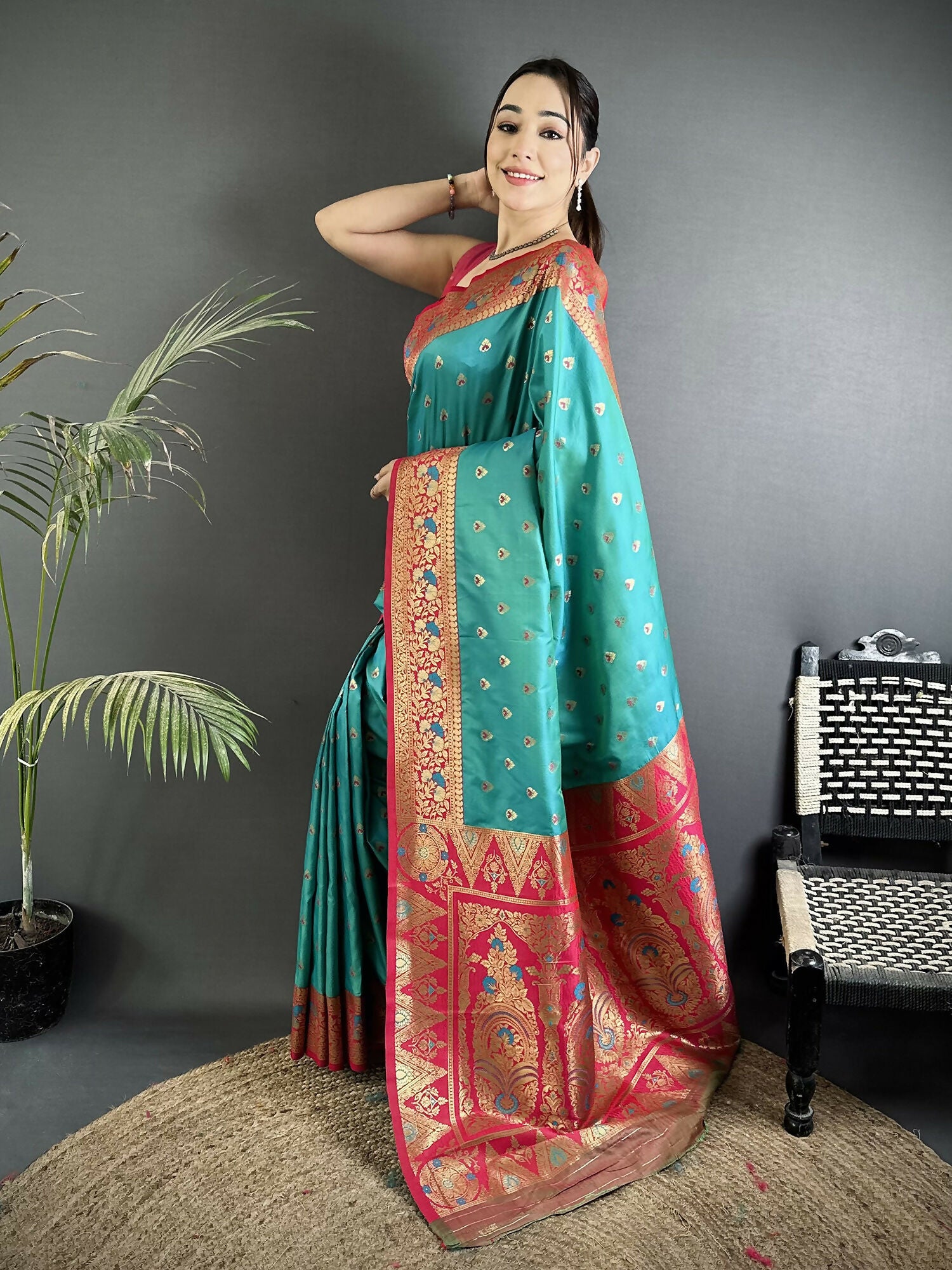 Joban Fashion Teal Blue Intricate Motifs Soft Silk Banarasi Saree - Dista