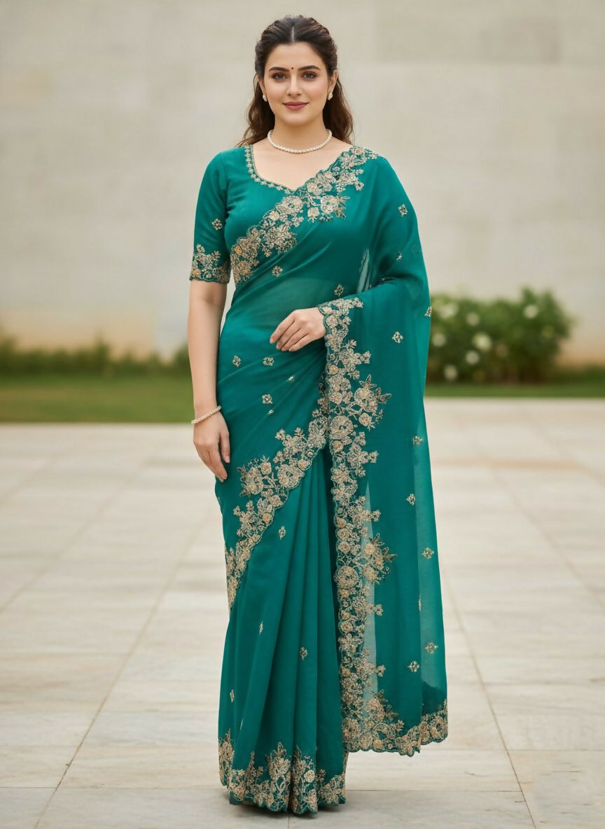 Teeya Creation New Trendy Party Wear Soft Silk Saree-Teal - Dista
