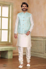 Thumbnail for Raivat Ethnic Jacquard Banarasi Silk Woven Work 3 Pics Jacket Set In Pista Green Colour - Distacart