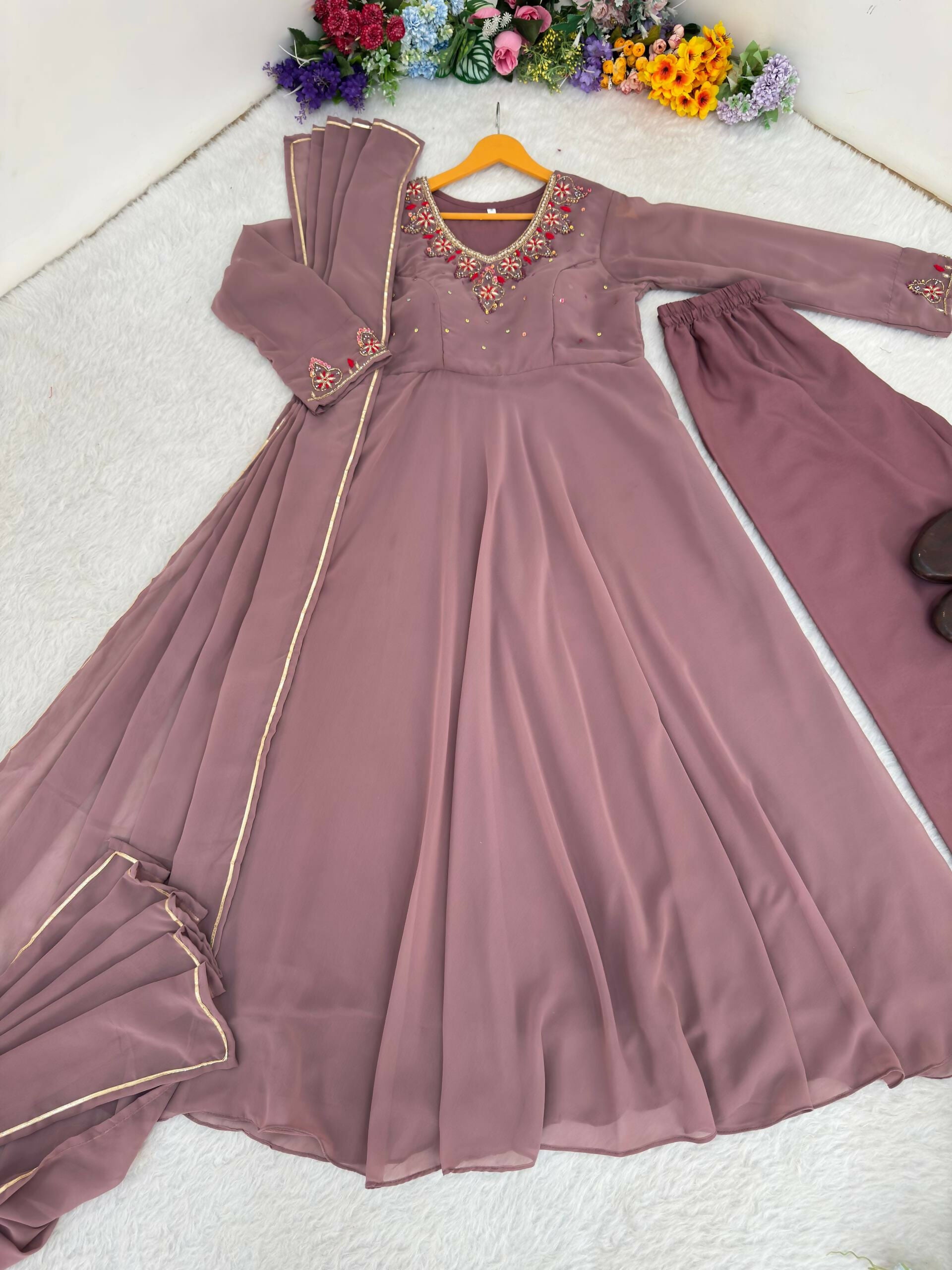 Teeya Creation Womens New Fancy Fox Georgette Heavy Quality Fabric With Handwork Gown Set - Dista