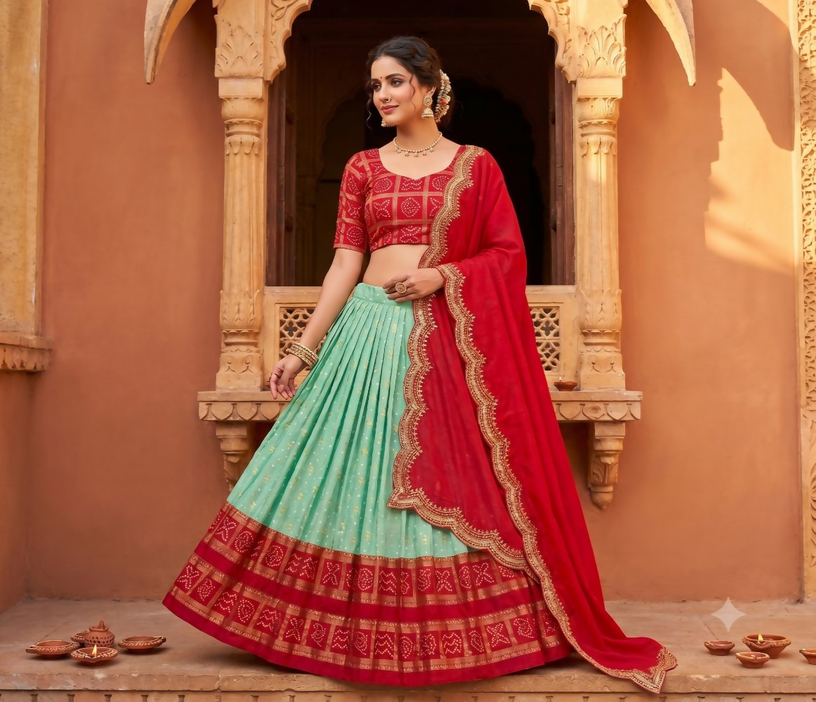 Teeya Creation Ethnic Sky Blue Lehenga Choli with Scalloped Border Dupatta - Dista