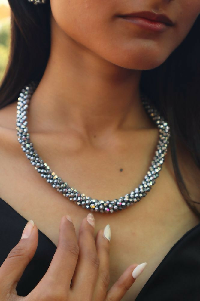 Inhanns Noor-E-Jalwa – Handmade Crystal Bead Necklace / Necklace With Earrings -Adjustable - Titanium - Distacart