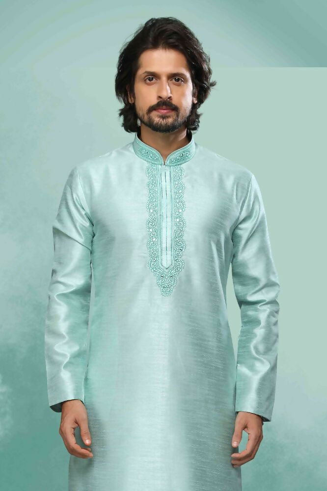 Raivat Ethnic Art Silk Mirror Embroidery Work Kurta Pajama In Pista Green Colour - Dista