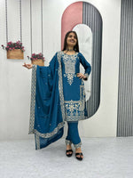 Thumbnail for Teeya Creation Womens New Wedding Wear Heavy Embroidery Thread Work Teal Kurta Set - Dista