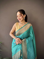 Thumbnail for Joban Fashion Teal Green Jacquard Butti Soft Lichi Silk Paithani Saree - Distacart