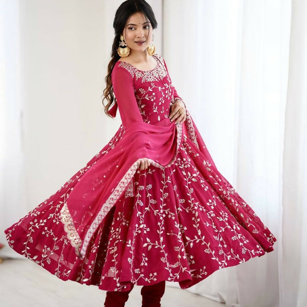 Teeya Creation Red Color Heavy Faux Georgette Embroidery Work Gown