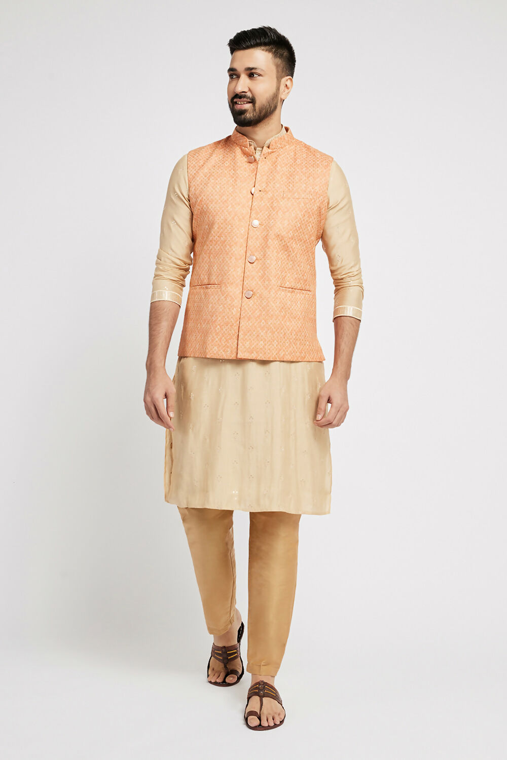 Ethnic India Orange Bundi Men's Jacket Abstract Blended - Distacart