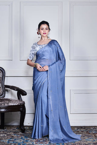 Morchari Grey Chiffon Hand Embroidery Saree And Stitched Blouse