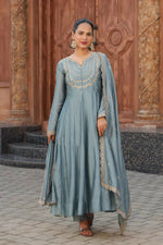 Thumbnail for The52 Teal Blue Women's Gorgeous Vichitra Silk Fabric Embroidered Work Flared Anarkali Pant and Dupatta Set