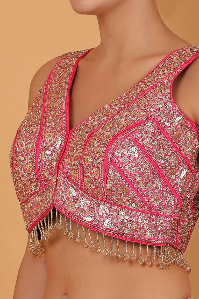 Joban Fashion Silk Zari And Sequence Work Padded Blouse - Hot Pink