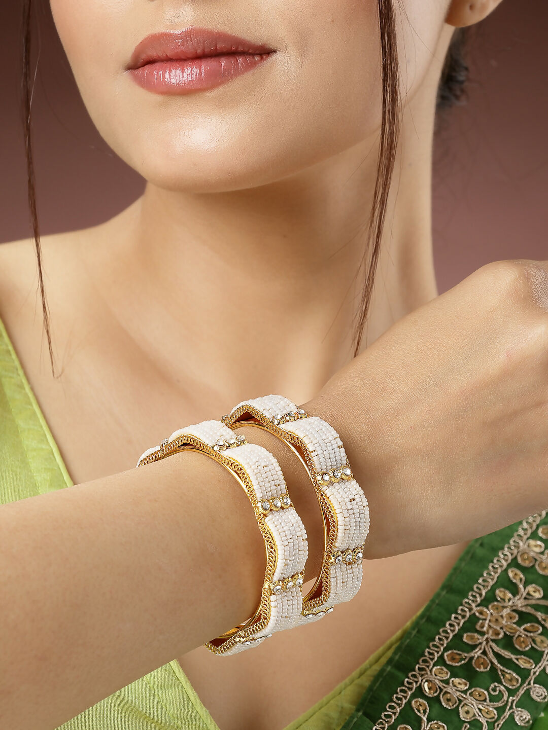 NVR Women's Set of 2 Gold-Plated Pearl Handcrafted Traditional Bangles - Distacart
