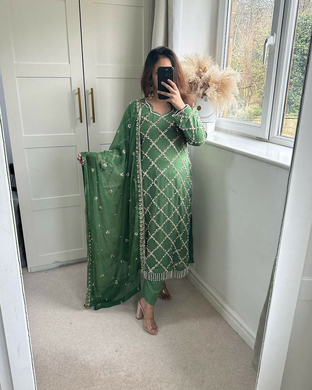 Preksha Creation Indian Festival Special Women Faux Georgette Sequence Embroidered Work Top And Pant With Dupatta - Green - Distacart