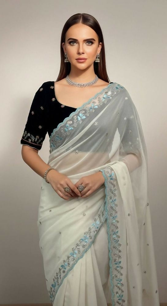 Joban Fashion Off White Faux Georgette Party Wear Sarees - Distacart
