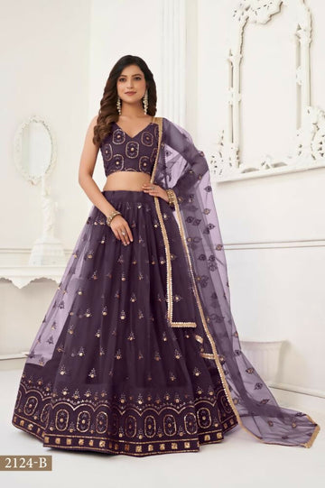 Aastha Fashion Dusty Wine Butterfly Net Tone To Tone Thread Work And Sandwich Sequence Work Embroidery Wedding Wear Lehenga Choli - Distacart