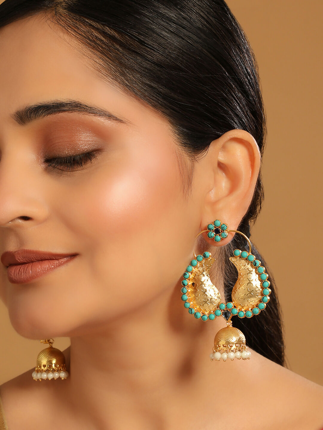 Nuyug 22K Gold Plated Turquoise Stone Studded Contemporary Mini Jhumki Dangler Earrings