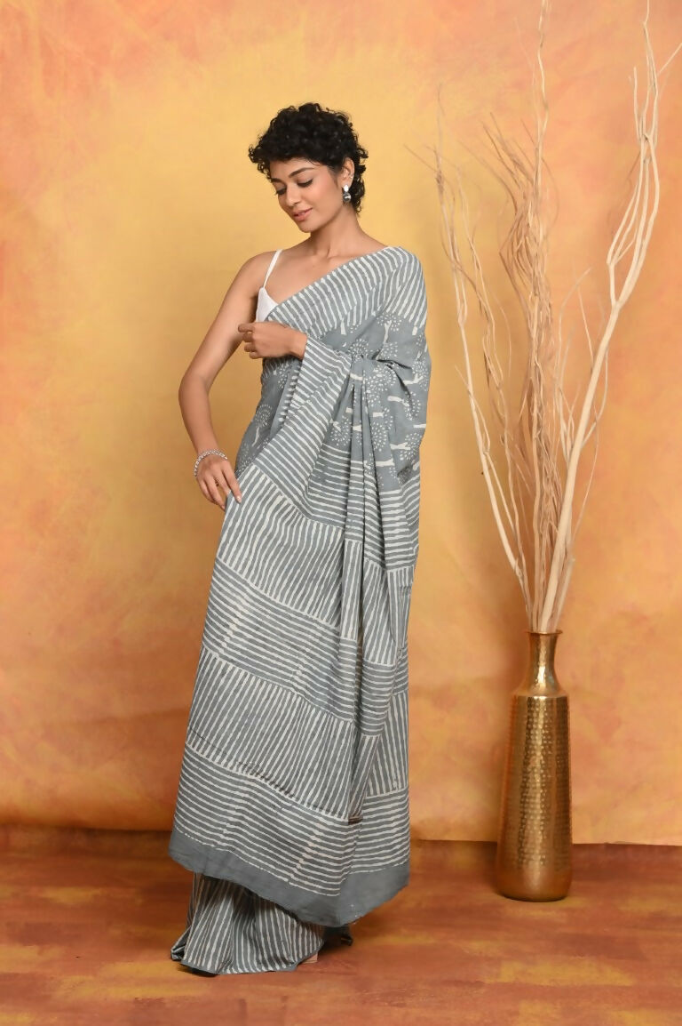 Very Much Indian Handblock Printed Cotton Saree With Natural Dyes - Grey - Distacart