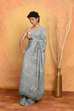 Thumbnail for Very Much Indian Handblock Printed Cotton Saree With Natural Dyes - Grey - Distacart