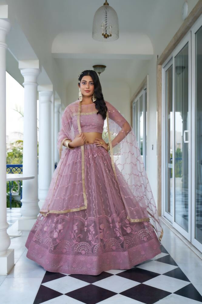 Aastha Fashion Dusty Pink Butterfly Net Tone To Tone Cotton Thread Work And Sequence Work Embroidery Wedding Wear Lehenga Choli - Distacart