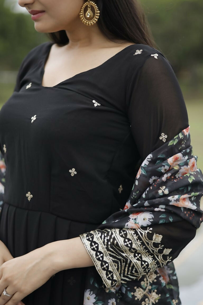Jyoti Fashion Women's Black Faux Blooming Sequins with Zari Embroidery Anarkali Dress with Dupatta - Distacart
