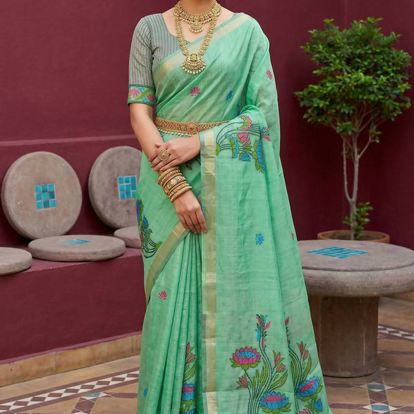 Vastranavya Turquoise Muga Cotton Meenakari & Azarakh Pallu Saree with Contrast Blouse - Distacart