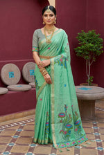 Thumbnail for Vastranavya Turquoise Muga Cotton Meenakari & Azarakh Pallu Saree with Contrast Blouse - Distacart