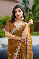 Thumbnail for Vastranavya Brown Embroidery Work Shimmer Chiffon Saree with Unstitched Blouse