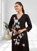 Thumbnail for Joban Fashion Black Linen Embroidered Readymade Long Kurta With Pant - Distacart