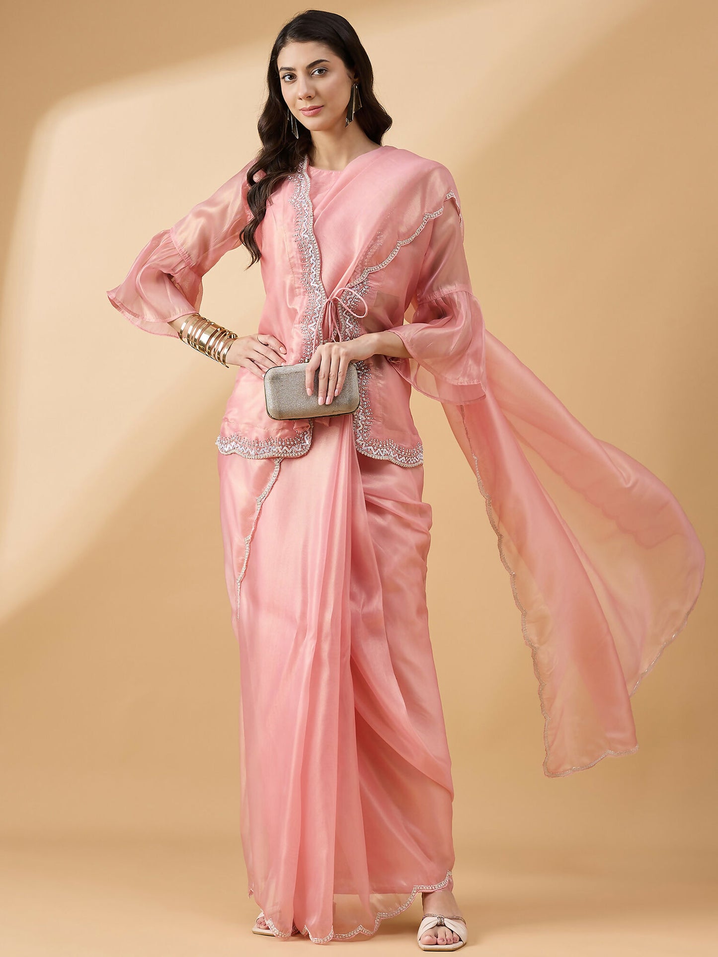 Peach Chiffon Solid Saree with Stitched Blouse & Stone Work Shrug - Dharavi - Distacart