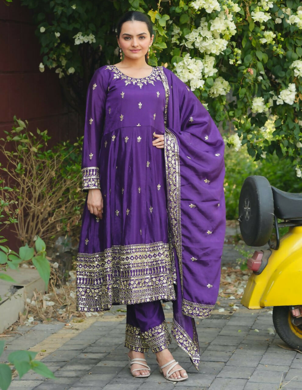 Teeya Creation Purple Color Chinon Silk Embroidery Work Long Gown - Distacart