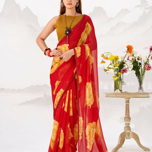 Vastranavya Red Floral Print with Lace Border work Chiffon Saree & Unstitched Blouse - Distacart