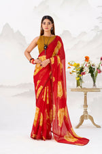 Thumbnail for Vastranavya Red Floral Print with Lace Border work Chiffon Saree & Unstitched Blouse - Distacart
