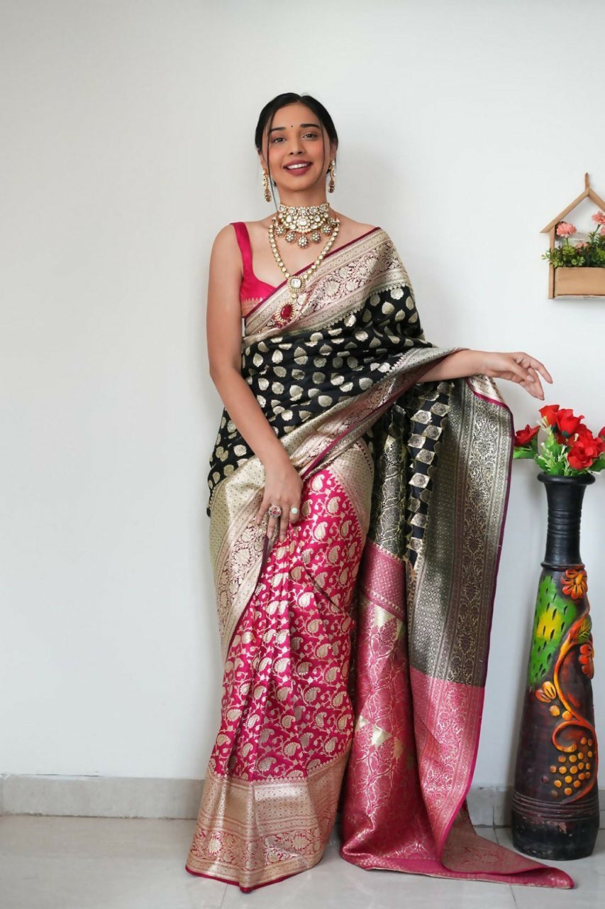 Malishka Banarasi Silk Jacquard Ready To Wear Saree With Blouse Piece - Black Pink - Distacart