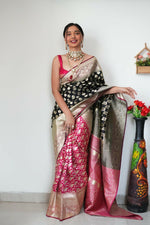 Thumbnail for Malishka Banarasi Silk Jacquard Ready To Wear Saree With Blouse Piece - Black Pink - Distacart