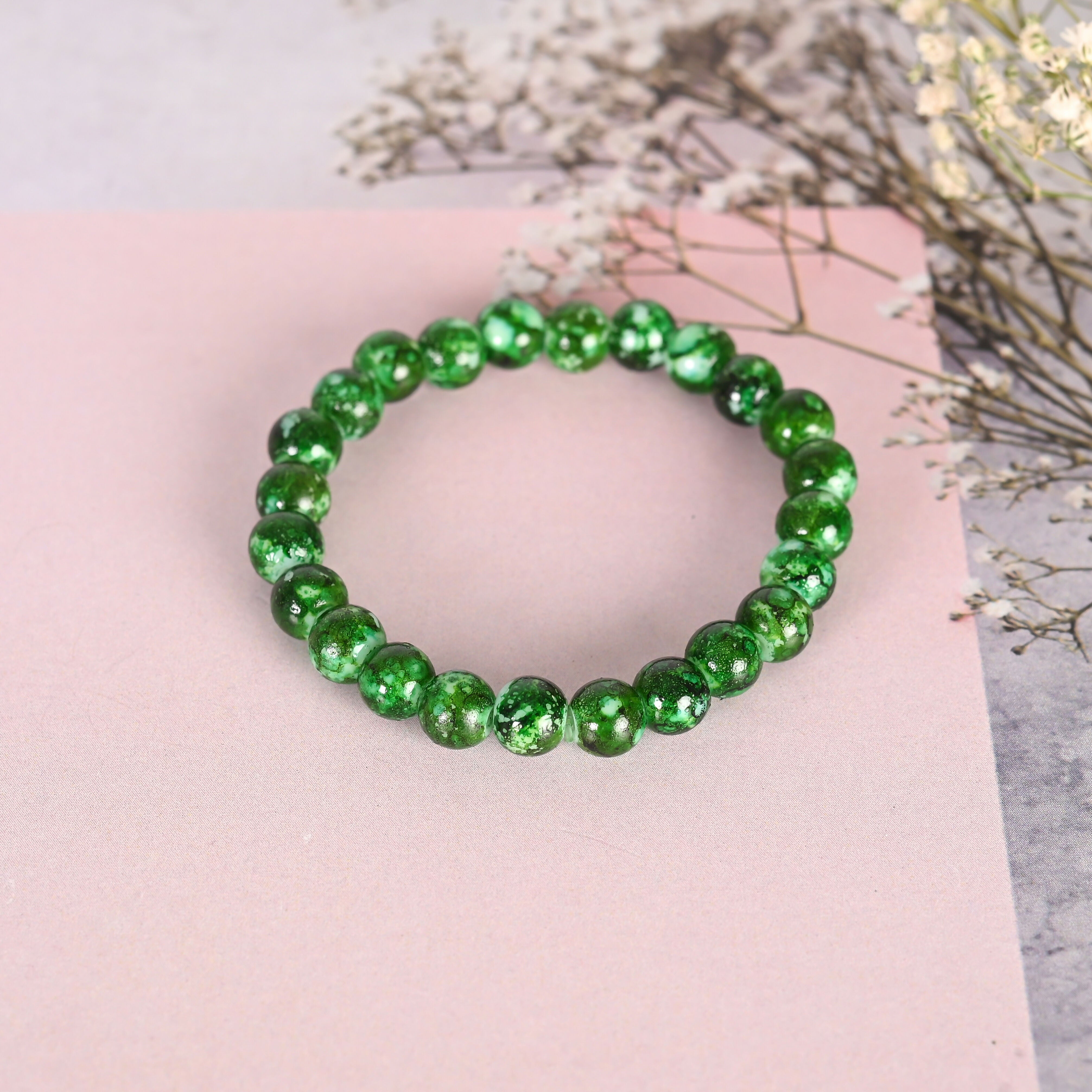 NVR Men & Women Green Marble Crystal Beaded Elasticated Bracelet - Distacart