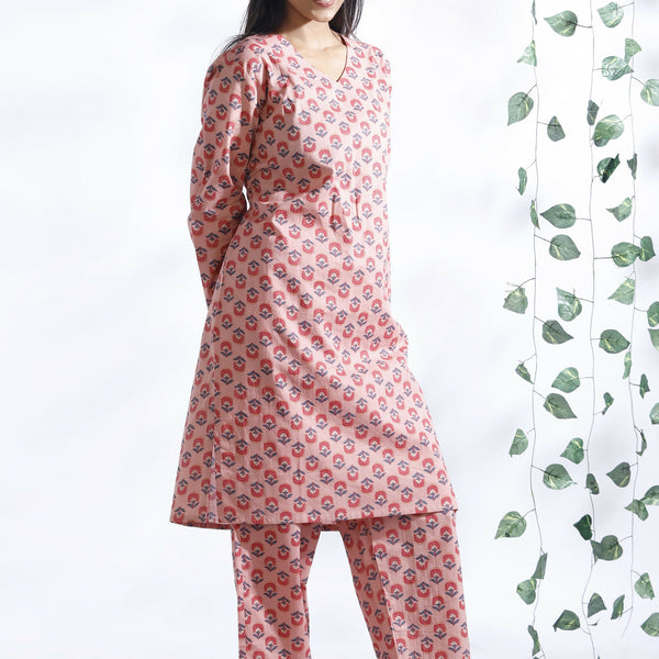 Breathables Women’S Loungewear Long Kurta Co-Ord Set Cotton Pink Indian Motif Butta Print - Dista