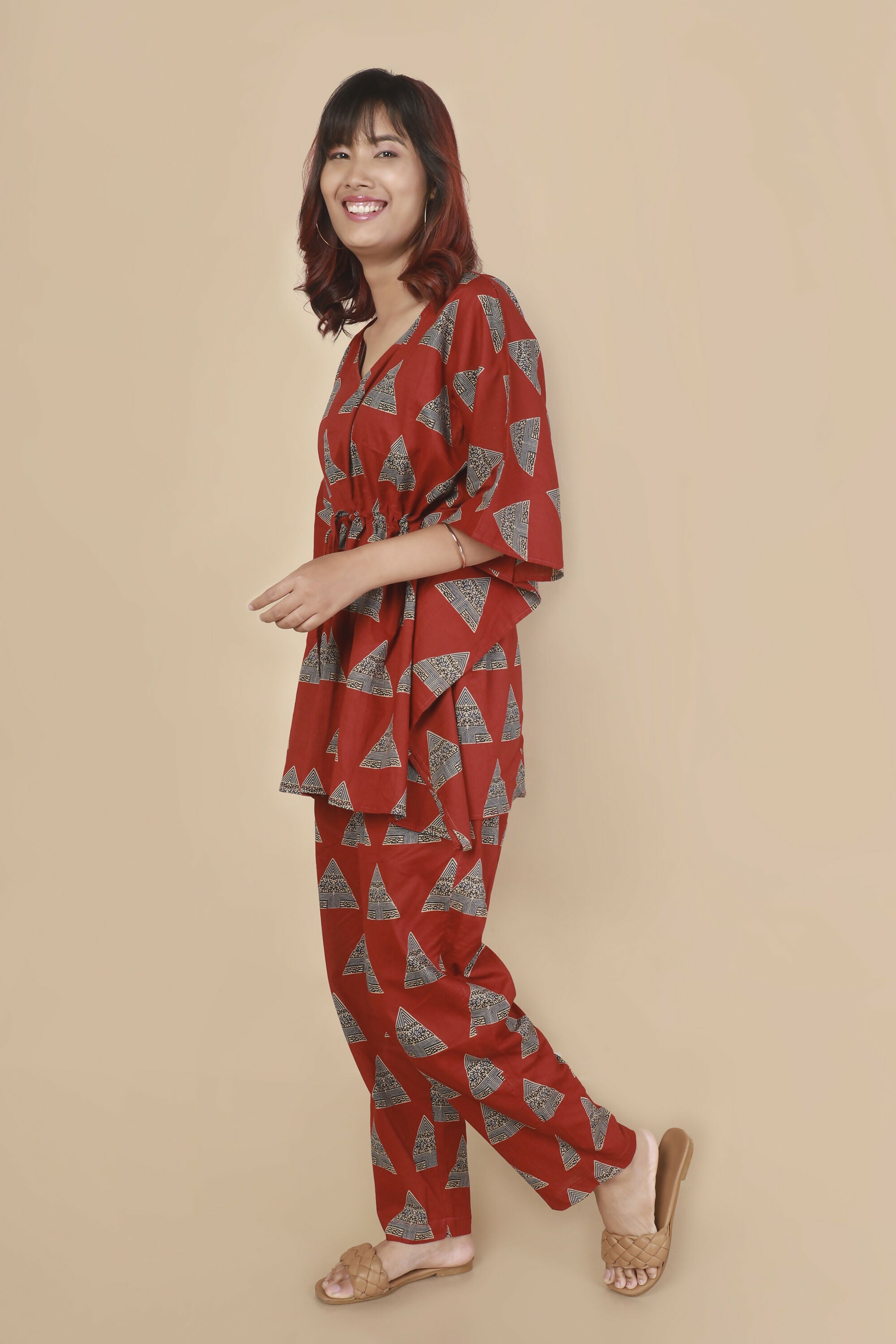 Breathables Women’S Loungewear Kaftan Cotton Red Geometric Print Co-Ord Set - Dista