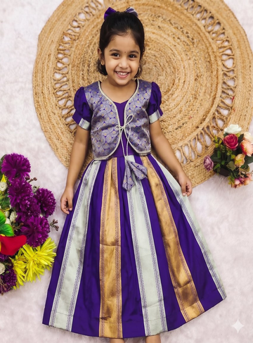 Teeya Creation Latest Designer Girls Royal Purple Silk Pattu Pavadai Lehenga Choli Set With Brocade Koti-Purple - Dista