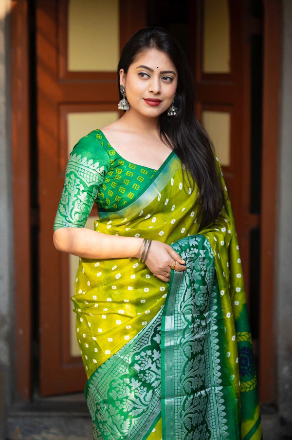 Green Jute Silk Printed Saree with Unstitched Blouse - Hiral Fashion - Distacart