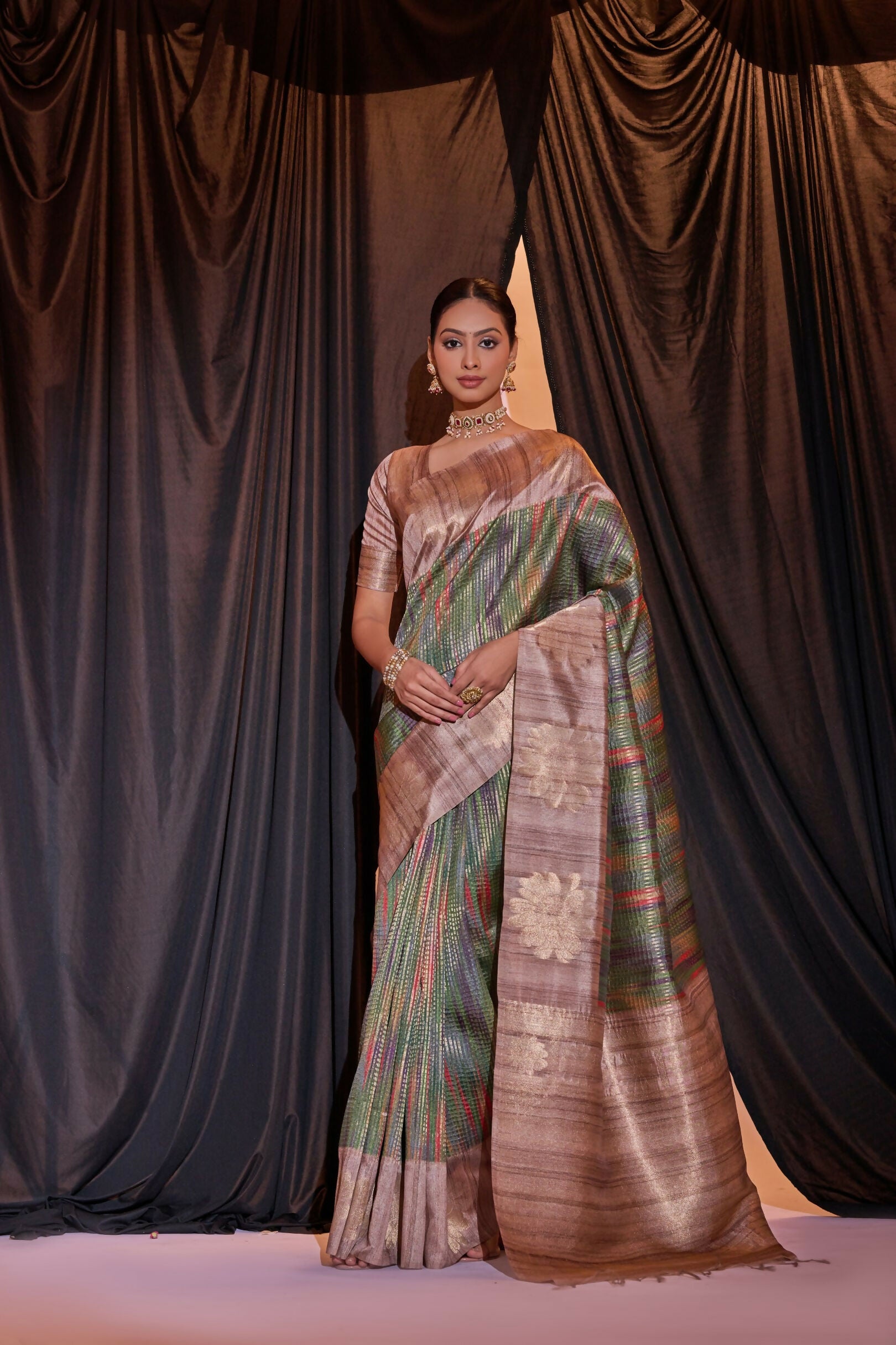 Vishnu Weaves Women's Green Tussar Silk Zari Woven Saree with Blouse - Distacart