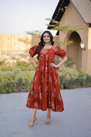 Teeya Creation Womens New Trendy Summer War Printed Cotton Gown Set-Orange - Dista