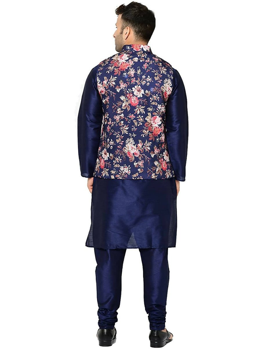 ABH Lifestyle Men's Silk Navy Blue Kurta Pyjama & Printed Nehru Jacket - Distacart