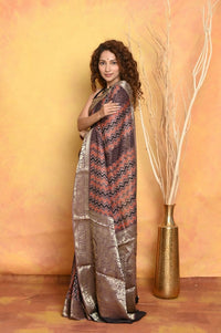 Thumbnail for Very Much Indian Modal Silk Ajrakh Handblock Printed Natural Dyes With Designer Border Saree - Brown - Distacart