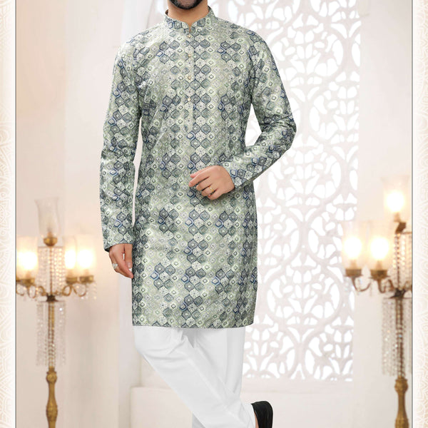 Joban Fashion Men's Green & Blue Straight Silk Thread And Sequence Embroidery All Over Kurta Set - Distacart