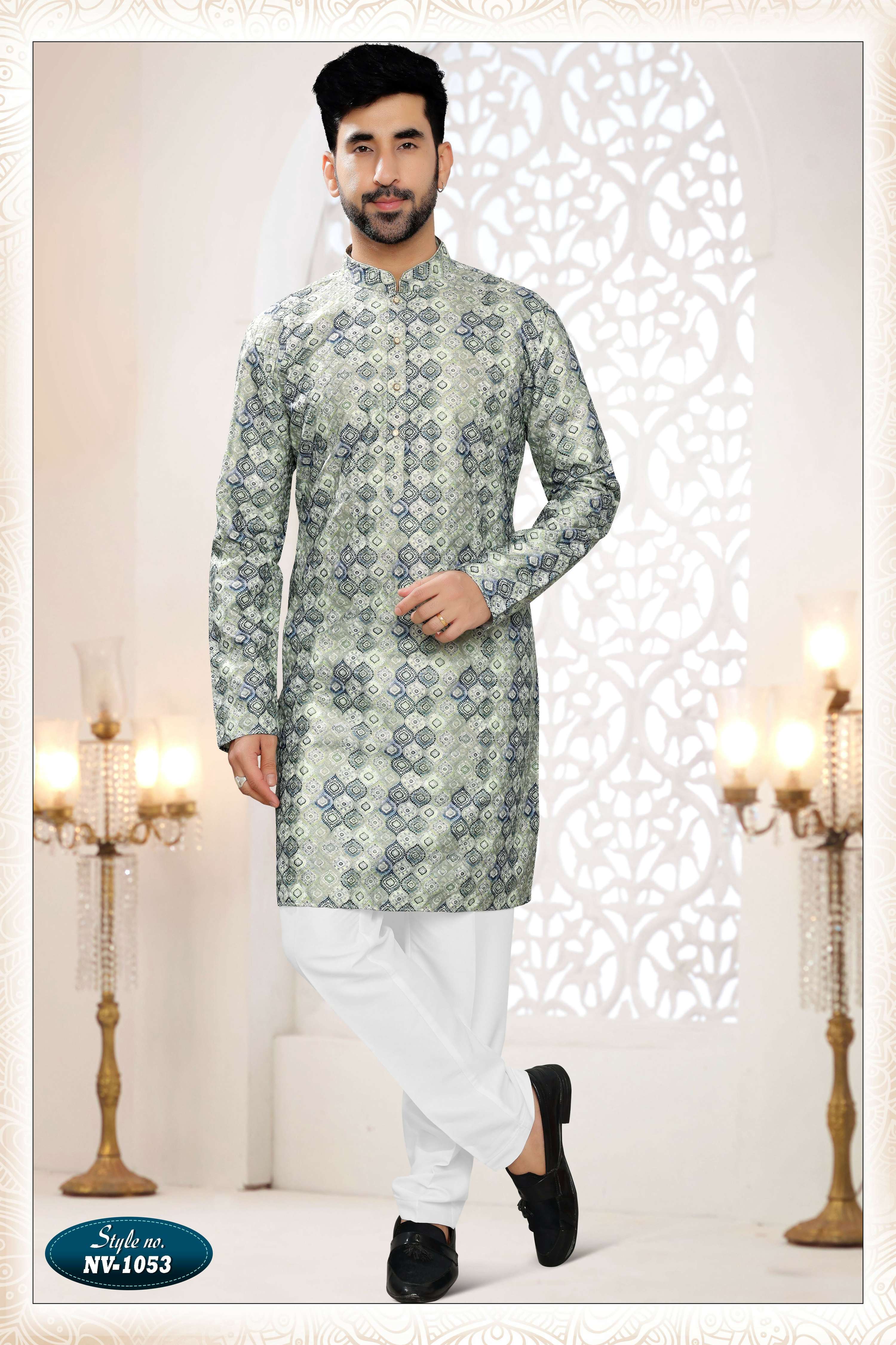 Joban Fashion Men's Green & Blue Straight Silk Thread And Sequence Embroidery All Over Kurta Set - Distacart
