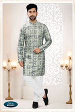 Thumbnail for Joban Fashion Men's Green & Blue Straight Silk Thread And Sequence Embroidery All Over Kurta Set - Distacart