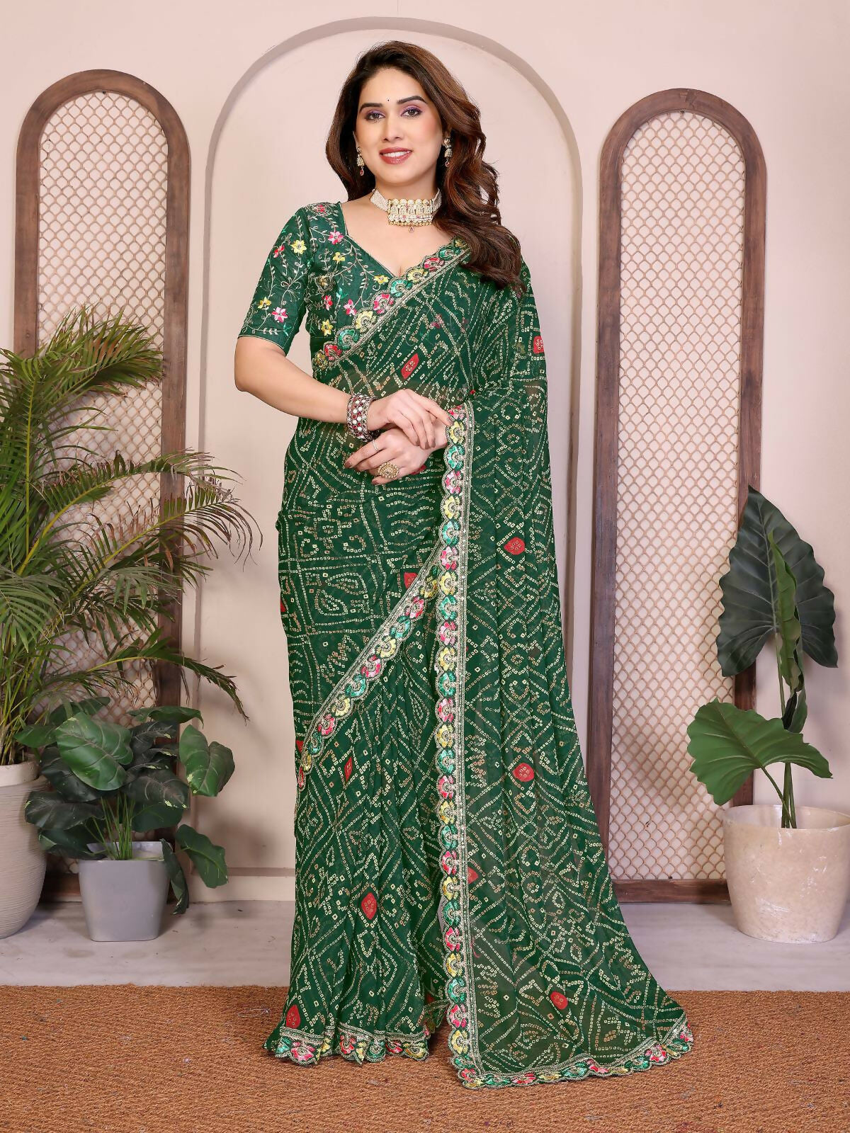 Teeya Creation Womens Trendy Simply Bandhej Georgette Saree-Green - Dista