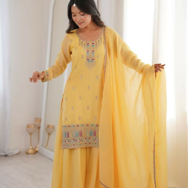 Lehenga Mart Designer Sharara Suit With Kurta, Sharara, Dupatta For Women-Yellow - Distacart