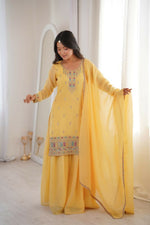 Thumbnail for Lehenga Mart Designer Sharara Suit With Kurta, Sharara, Dupatta For Women-Yellow - Distacart