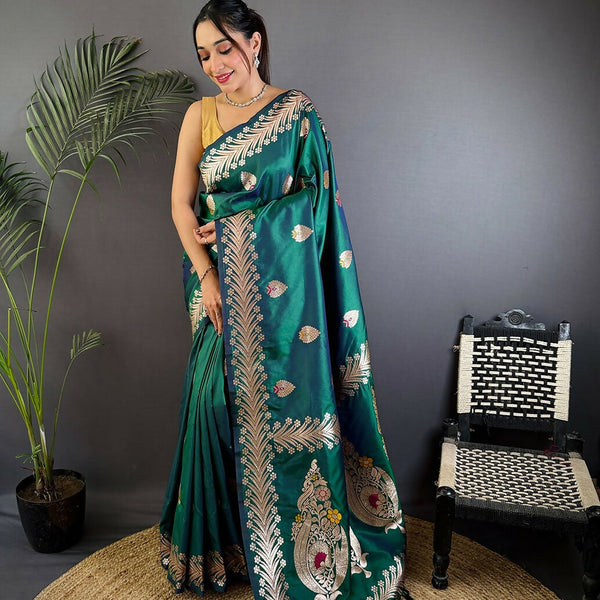 Joban Fashion Banarasi Dusty Teal Woven Soft Silk Saree - Distacart