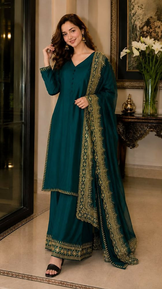 Teeya Creation New Latest Stylish Classic Rama Festive Kurta Set with Gold Zari Border Palazzo and Dupatta - Dista